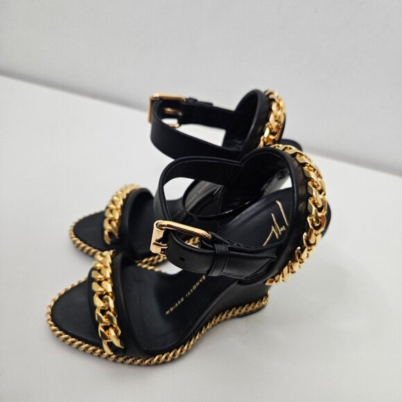 Giuseppe Zanotti Black Leather Chain Link Detail Wedge Sandals Sz 4 US / 34 EUR - Picture 3 of 9